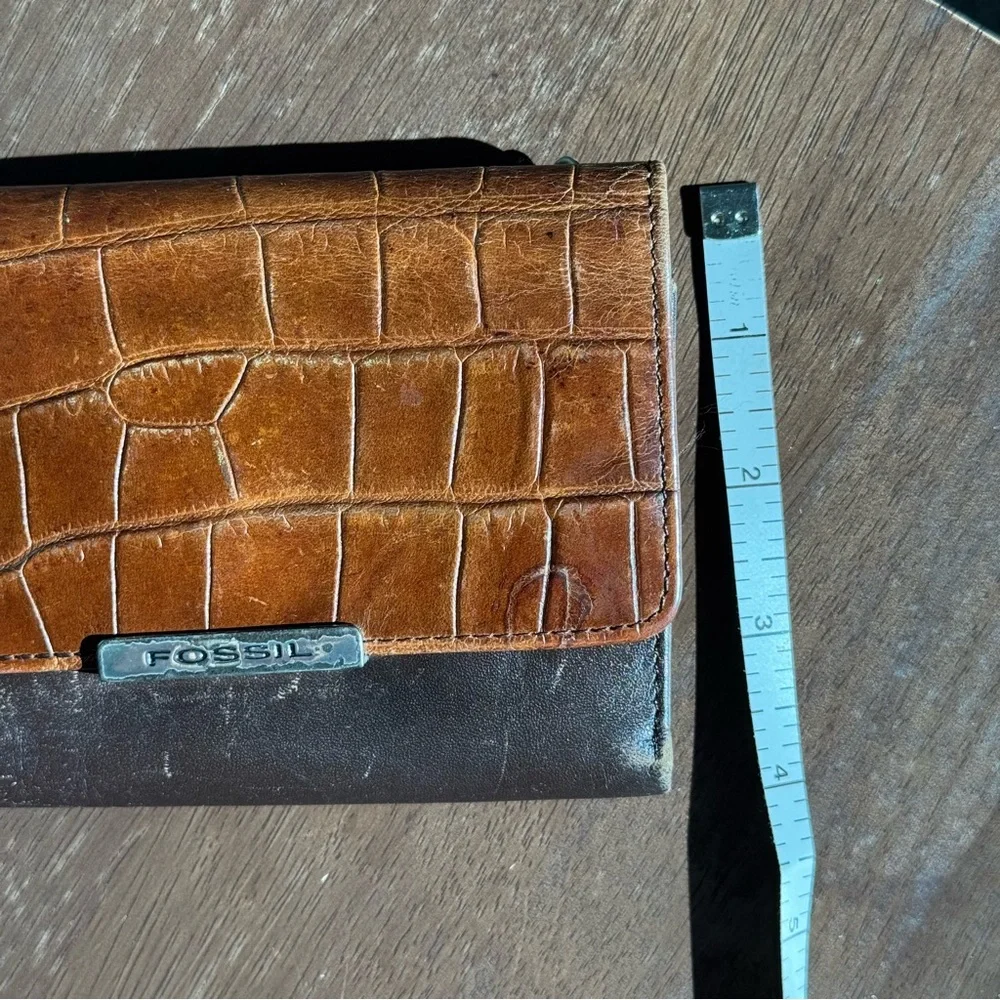 Vtg Fossil Women’s Leather Wallet – Brown Croc Embossed Two-Tone